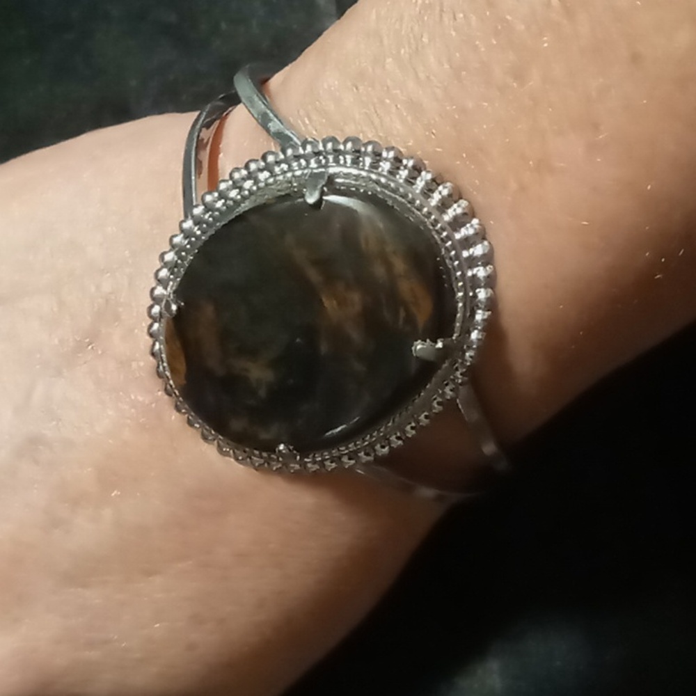 Elegant Silver and Brown Women's cuff, clamper Bracelet faux brown agate stone.
